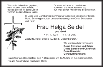 Traueranzeige von Helga Seidel von Frankenpost