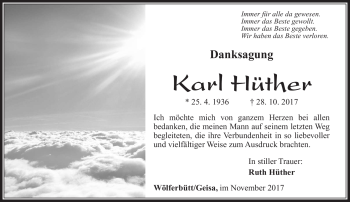 Traueranzeige von Karl Hüther von Südthüringer Presse