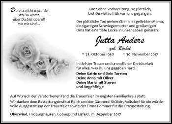 Traueranzeige von Jutta Anders von Südthüringer Presse