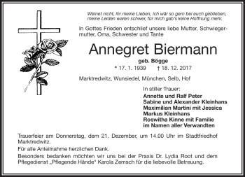 Traueranzeige von Annegret Biermann von Frankenpost