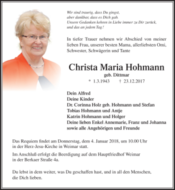 Traueranzeige von Christa Maria Hohmann von Südthüringer Presse