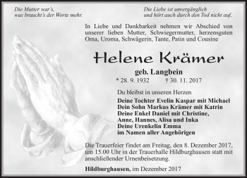 Traueranzeige von Helene Krämer von Südthüringer Presse