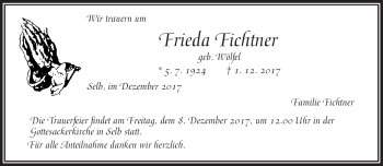 Traueranzeige von Frieda Fichtner von Frankenpost