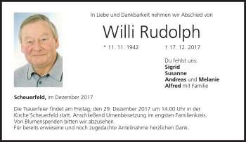 Traueranzeige von Willi Rudolph von Neue Presse Coburg