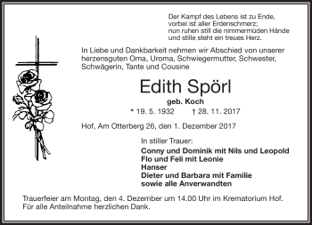 Traueranzeige von Edith Spörl von Frankenpost