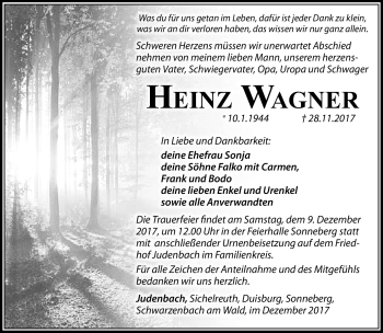 Traueranzeige von Heinz Wagner von Südthüringer Presse