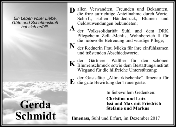 Traueranzeige von Gerda Schmidt von Südthüringer Presse