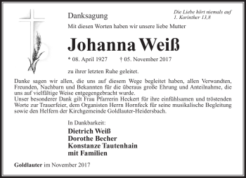 Traueranzeige von Johanna Weiß von Südthüringer Presse