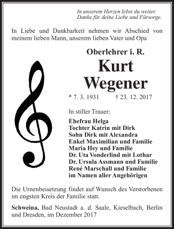Traueranzeige von Kurt Wegener von Südthüringer Presse