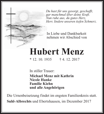 Traueranzeige von Hubert Menz von Südthüringer Presse
