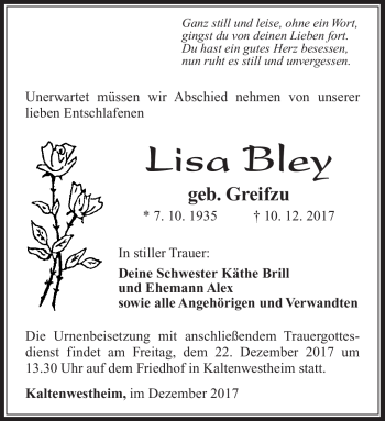 Traueranzeige von Lisa Bley von Südthüringer Presse