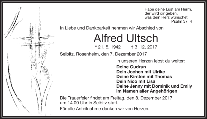  Traueranzeige für Alfred Ultsch vom 07.12.2017 aus Frankenpost
