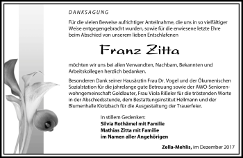 Traueranzeige von Franz Zitta von Südthüringer Presse