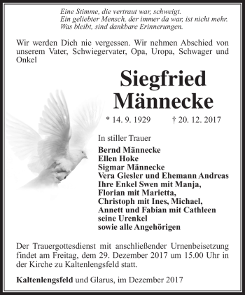 Traueranzeige von Siegfried Männecke von Südthüringer Presse