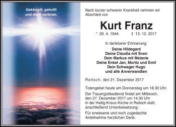 Traueranzeige von Kurt Franz von Neue Presse Coburg