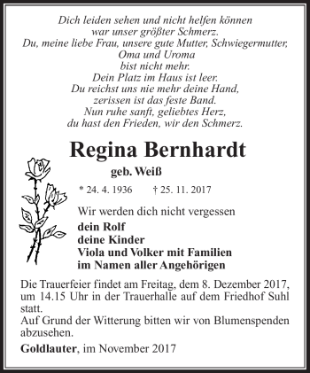 Traueranzeige von Regina Bernhardt von Südthüringer Presse