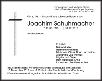 Traueranzeige von Joachim Schuhmacher von Frankenpost