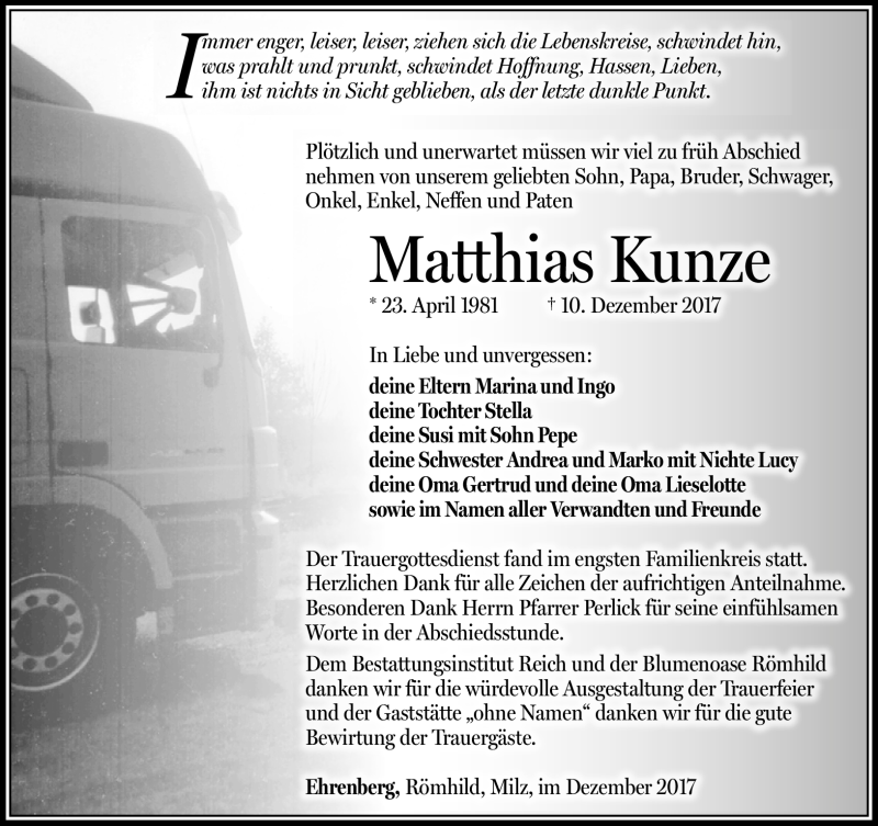  Traueranzeige für Matthias Kunze vom 23.12.2017 aus Südthüringer Presse