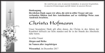 Traueranzeige von Christa Hofmann von Südthüringer Presse