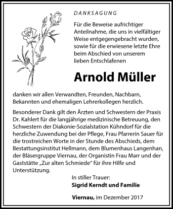 Traueranzeige von Arnold Müller von Südthüringer Presse