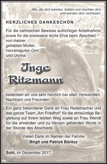 Traueranzeige von Inge Ritzmann von Südthüringer Presse