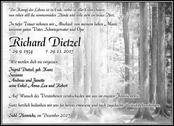 Traueranzeige von Richard Dietzel von Südthüringer Presse