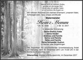 Traueranzeige von Heinz Memm von Südthüringer Presse