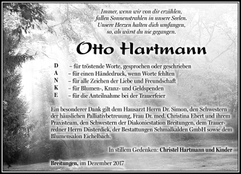 Traueranzeige von Otto Hartmann von Südthüringer Presse