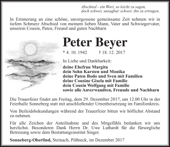 Traueranzeige von Peter Beyer von Südthüringer Presse