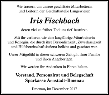 Traueranzeige von Iris Fischbach von Südthüringer Presse