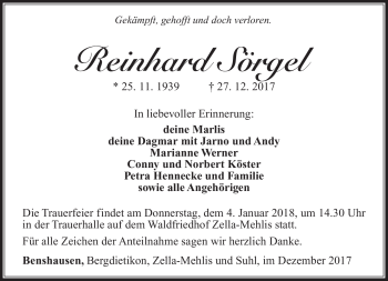 Traueranzeige von Reinhard Sörgel von Südthüringer Presse