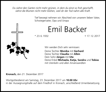 Traueranzeige von Emil Backer von Neue Presse Coburg