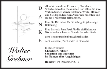 Traueranzeige von Walter Grebner von Südthüringer Presse