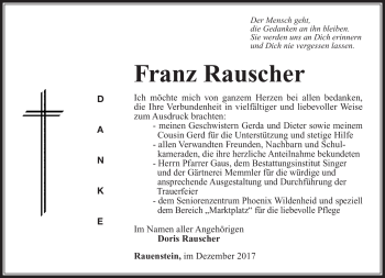 Traueranzeige von Franz Rauscher von Südthüringer Presse