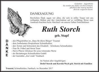 Traueranzeige von Ruth Storch von Südthüringer Presse