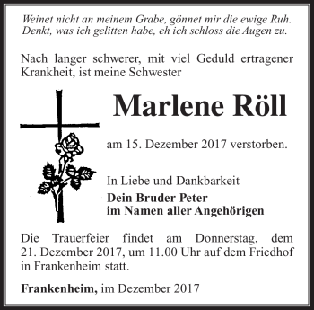 Traueranzeige von Marlene Röll von Südthüringer Presse