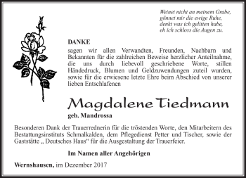 Traueranzeige von Magdalena Tiedmann von Südthüringer Presse