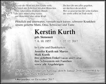 Traueranzeige von Kerstin Kurth von Südthüringer Presse