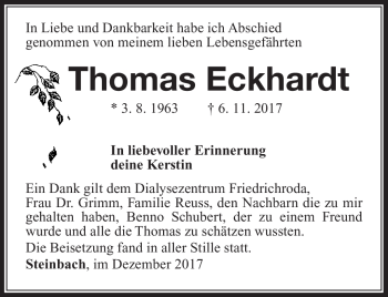 Traueranzeige von Thomas Eckhardt von Südthüringer Presse