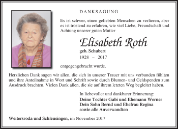 Traueranzeige von Elisabeth Roth von Südthüringer Presse