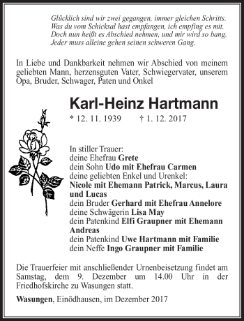Traueranzeige von Karl-Heinz Hartmann von Südthüringer Presse
