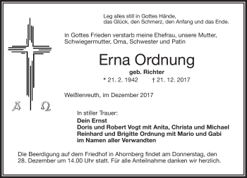 Traueranzeige von Erna Ordnung von Frankenpost
