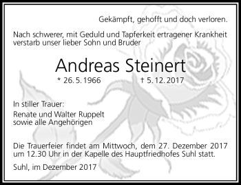 Traueranzeige von Andreas Steinert von Südthüringer Presse