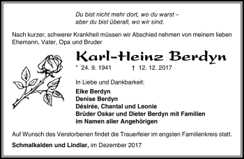 Traueranzeige von Karl-Heinz Berdyn von Südthüringer Presse