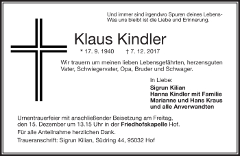 Traueranzeige von Klaus Kindler von Frankenpost