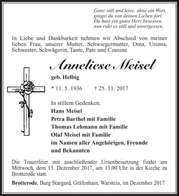 Traueranzeige von Anneliese Meisel von Südthüringer Presse