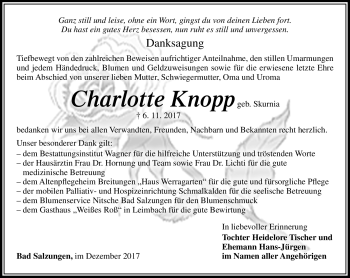 Traueranzeige von Charrlotte Knopp von Südthüringer Presse