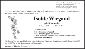Traueranzeige von Isolde Wiegand von Südthüringer Presse