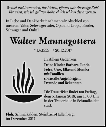 Traueranzeige von Walter Mannagottera von Südthüringer Presse
