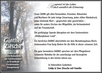 Traueranzeige von Günther Ziesche von Südthüringer Presse